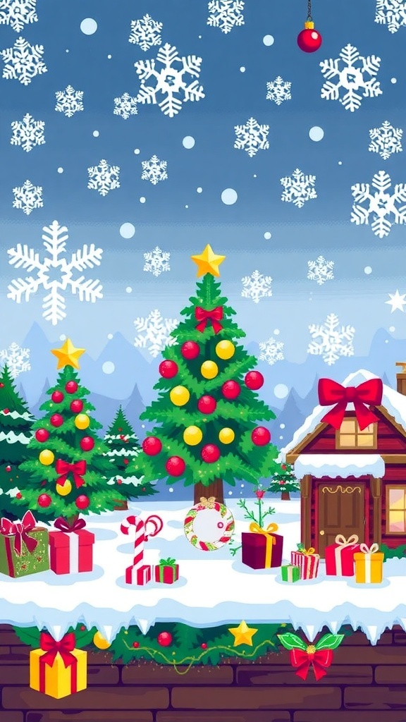 8-bit Christmas wallpaper with pixelated snowflakes and trees, evoking retro gaming nostalgia.
